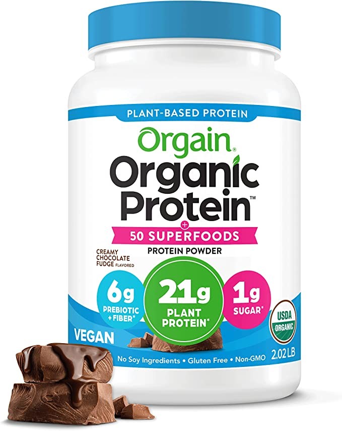Orgain Plant Protein + Superfood Powder, Vegan, Dairy Free, Sugar Free, Gluten Free, Soy Free, Creamy Chocolate Fudge, 2.02 lbs / 918g (packaging may vary)