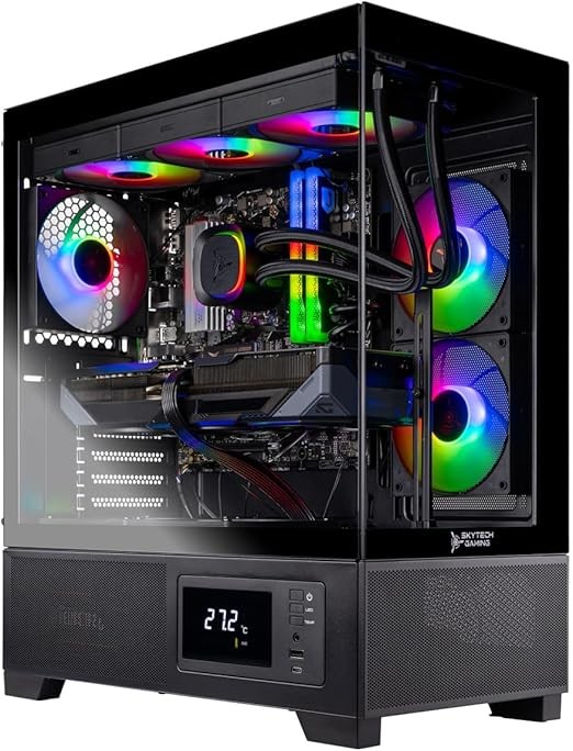 The Skytech Gaming Azure 3 Plus gaming PC features an AMD Ryzen 7 7800X3D 4.2GHz processor, an AMD RX 9070 16GB graphics card, a 2TB Gen4 NVMe SSD, 32GB DDR5 6000MHz RAM, an 850W Gold ATX 3 power supp
