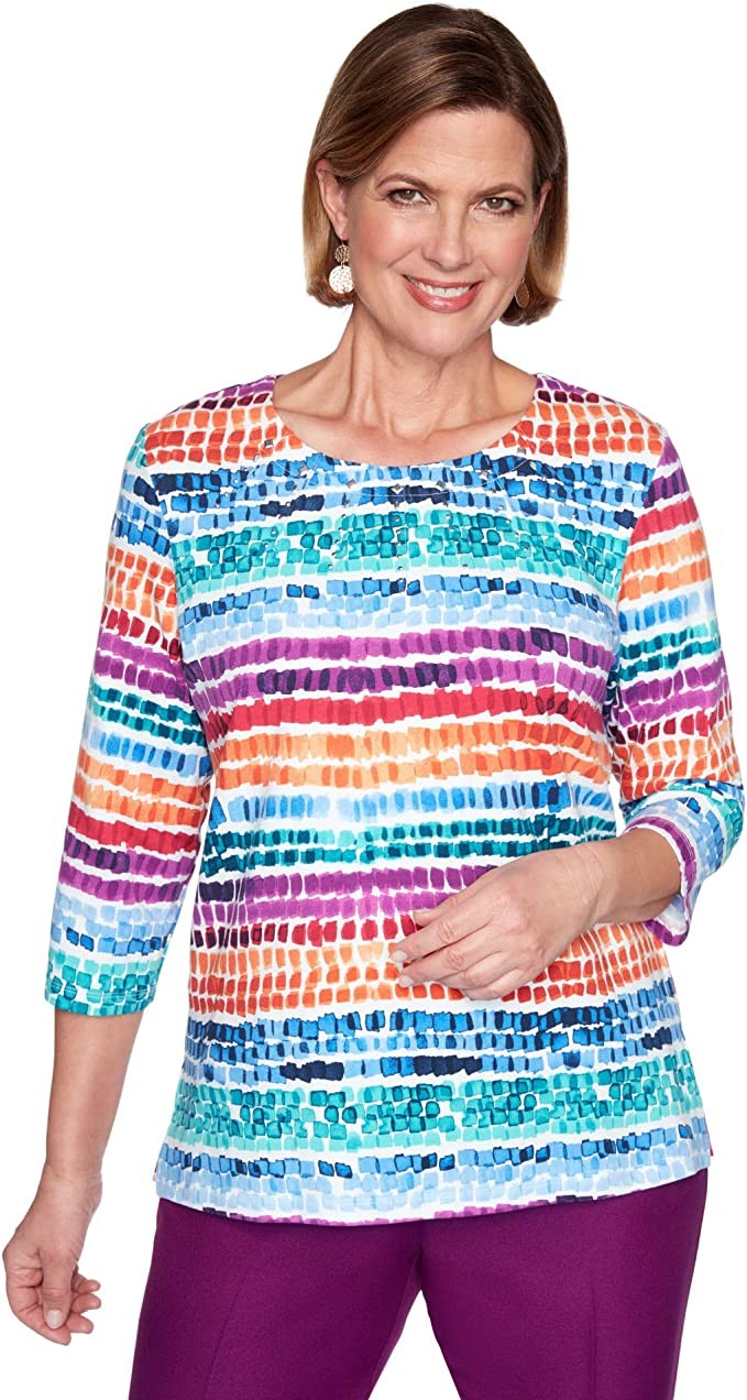 Alfred Dunner Women's Classic Chick Biadere Knit Top with Pintuck Collar Small Multicolor