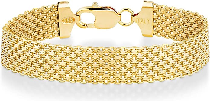 Miabella 18 K Gold Sterling Silver Italian 12mm Solid Two Tone Mesh Chain Bracelet Women's Bracelet, 6 ", 9", 8 "925 Made in Italy
